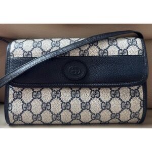 Authentic Vintage Gucci Navy Monogram Canvas Leather Flap Clutch Crossbody Bag